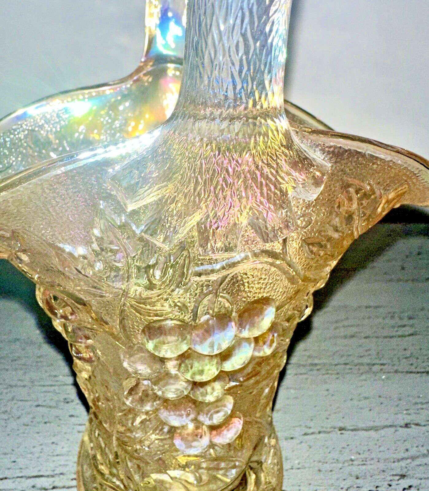 Vintage Imperial Carnival Iridescent Marigold Glass 10" Basket - Grape Clusters - AntiquesEtceteraVintage Imperial Carnival Iridescent Marigold Glass 10" Basket - Grape ClustersImperialAntiquesEtcetera