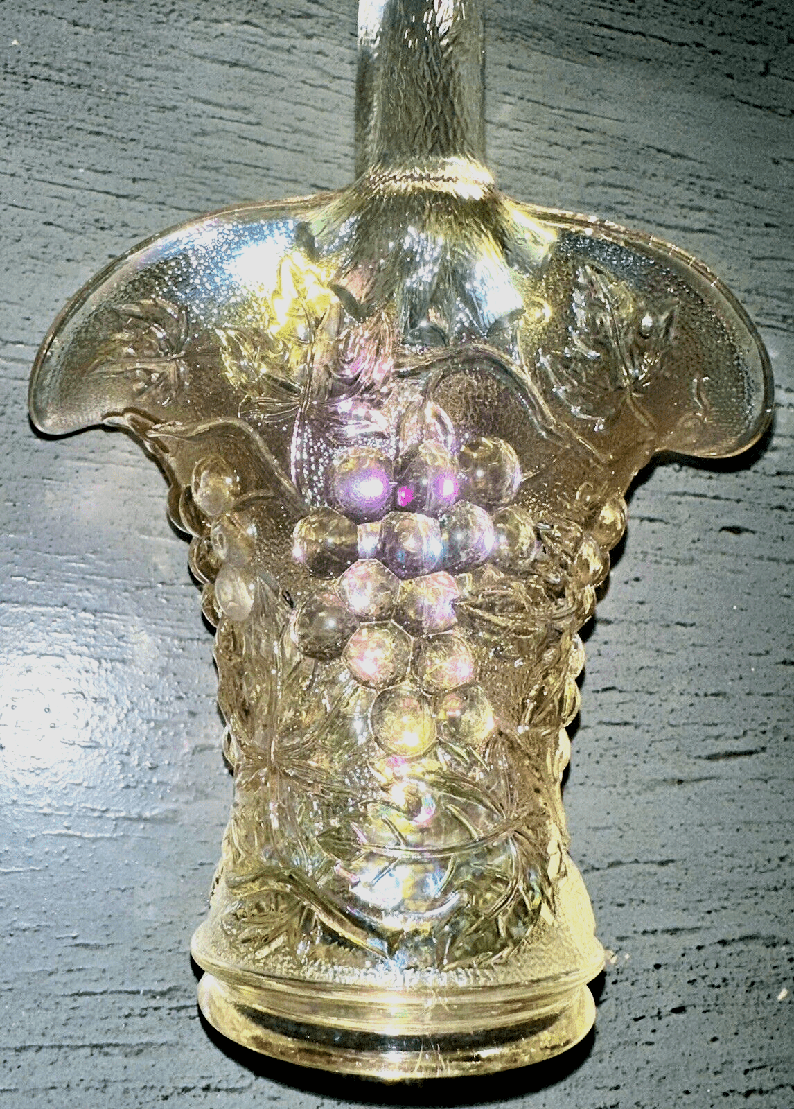 Vintage Imperial Carnival Iridescent Marigold Glass 10" Basket - Grape Clusters - AntiquesEtceteraVintage Imperial Carnival Iridescent Marigold Glass 10" Basket - Grape ClustersImperialAntiquesEtcetera