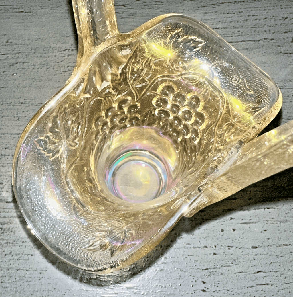 Vintage Imperial Carnival Iridescent Marigold Glass 10" Basket - Grape Clusters - AntiquesEtceteraVintage Imperial Carnival Iridescent Marigold Glass 10" Basket - Grape ClustersImperialAntiquesEtcetera