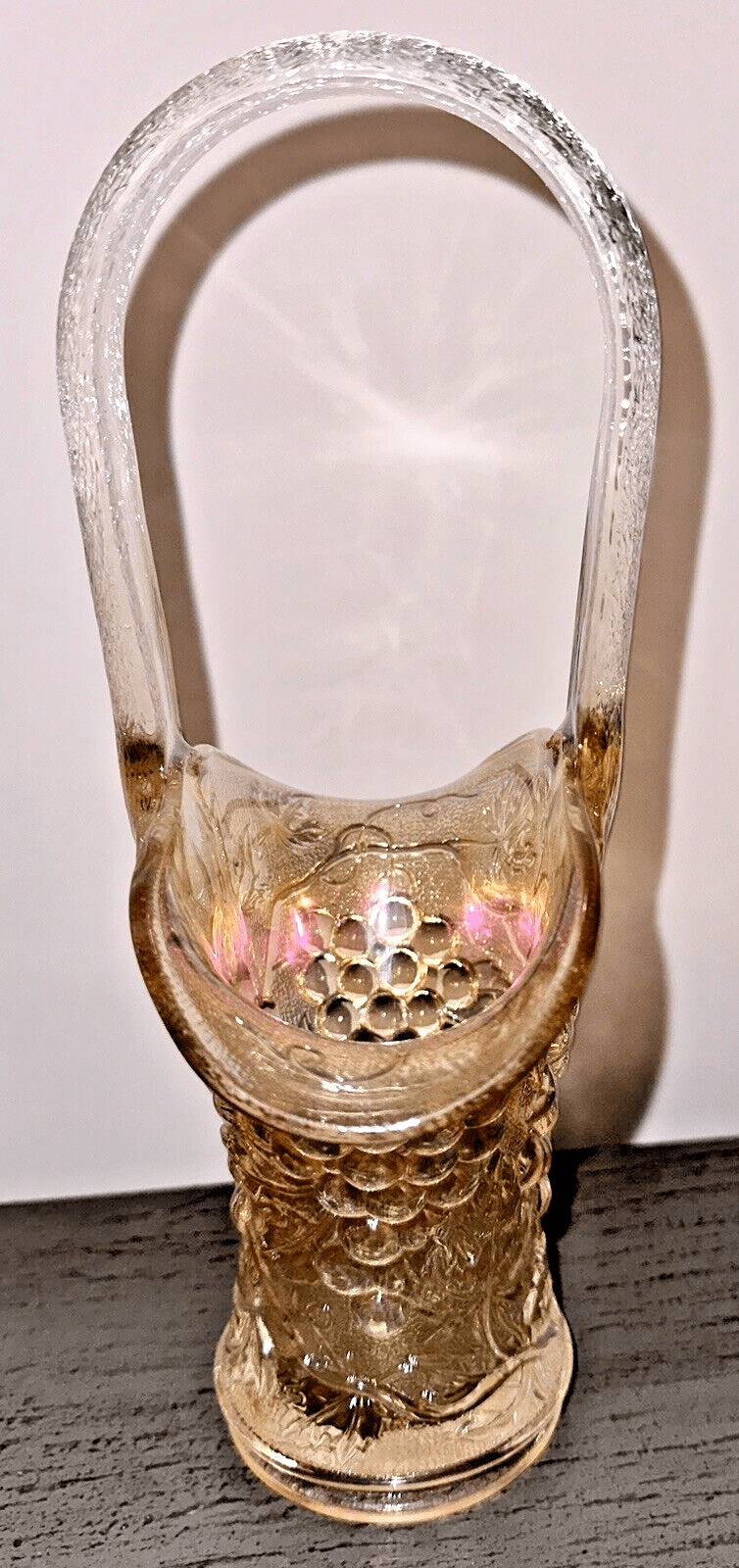 Vintage Imperial Carnival Iridescent Marigold Glass 10" Basket - Grape Clusters - AntiquesEtceteraVintage Imperial Carnival Iridescent Marigold Glass 10" Basket - Grape ClustersImperialAntiquesEtcetera