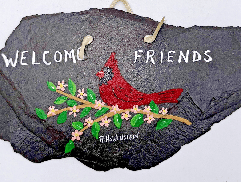 Vintage R. HOWENSTEIN Signed Painting on Slate "Welcome Friends" w/ Cardinal - AntiquesEtceteraVintage R. HOWENSTEIN Signed Painting on Slate "Welcome Friends" w/ CardinalAntiquesEtceteraAntiquesEtcetera