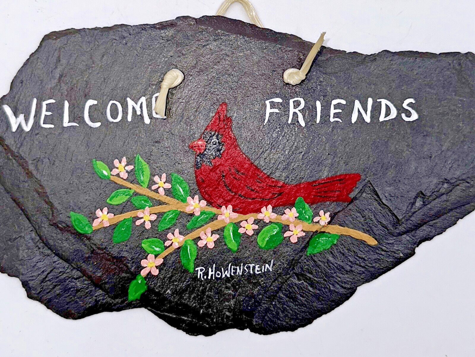 Vintage R. HOWENSTEIN Signed Painting on Slate "Welcome Friends" w/ Cardinal - AntiquesEtceteraVintage R. HOWENSTEIN Signed Painting on Slate "Welcome Friends" w/ CardinalAntiquesEtceteraAntiquesEtcetera