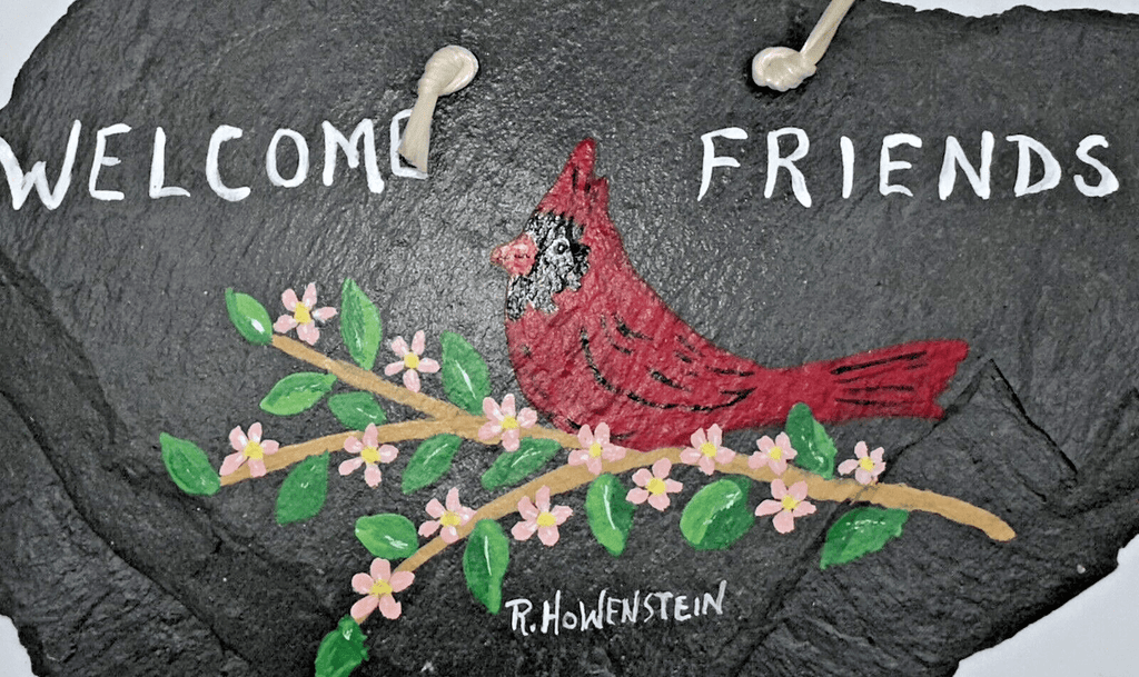 Vintage R. HOWENSTEIN Signed Painting on Slate "Welcome Friends" w/ Cardinal - AntiquesEtceteraVintage R. HOWENSTEIN Signed Painting on Slate "Welcome Friends" w/ CardinalAntiquesEtceteraAntiquesEtcetera