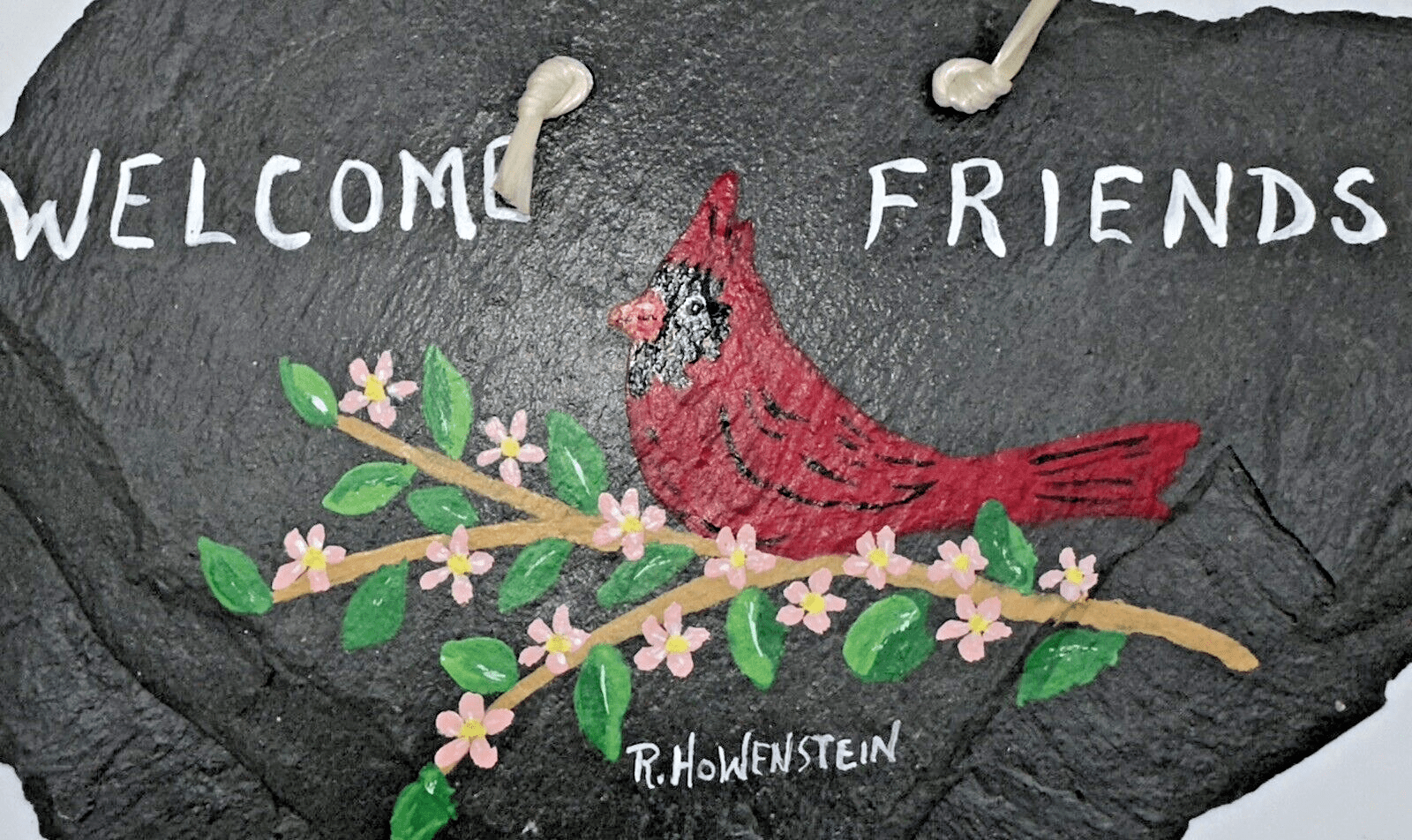 Vintage R. HOWENSTEIN Signed Painting on Slate "Welcome Friends" w/ Cardinal - AntiquesEtceteraVintage R. HOWENSTEIN Signed Painting on Slate "Welcome Friends" w/ CardinalAntiquesEtceteraAntiquesEtcetera