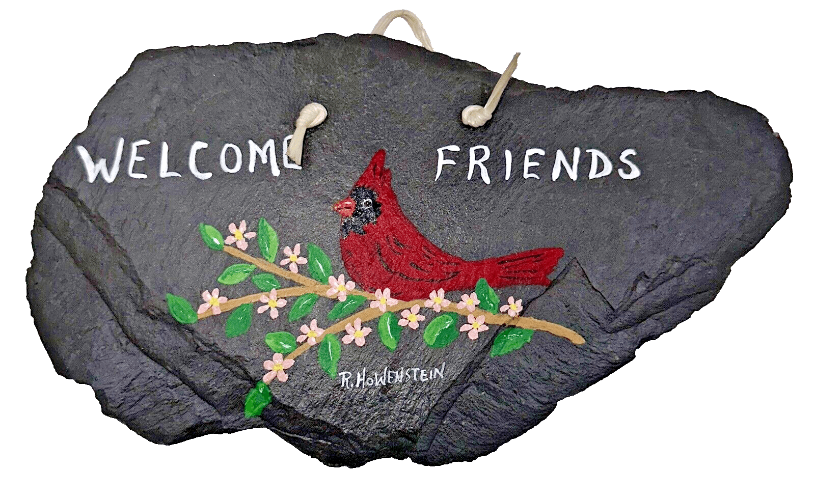 Vintage R. HOWENSTEIN Signed Painting on Slate "Welcome Friends" w/ Cardinal - AntiquesEtceteraVintage R. HOWENSTEIN Signed Painting on Slate "Welcome Friends" w/ CardinalAntiquesEtceteraAntiquesEtcetera