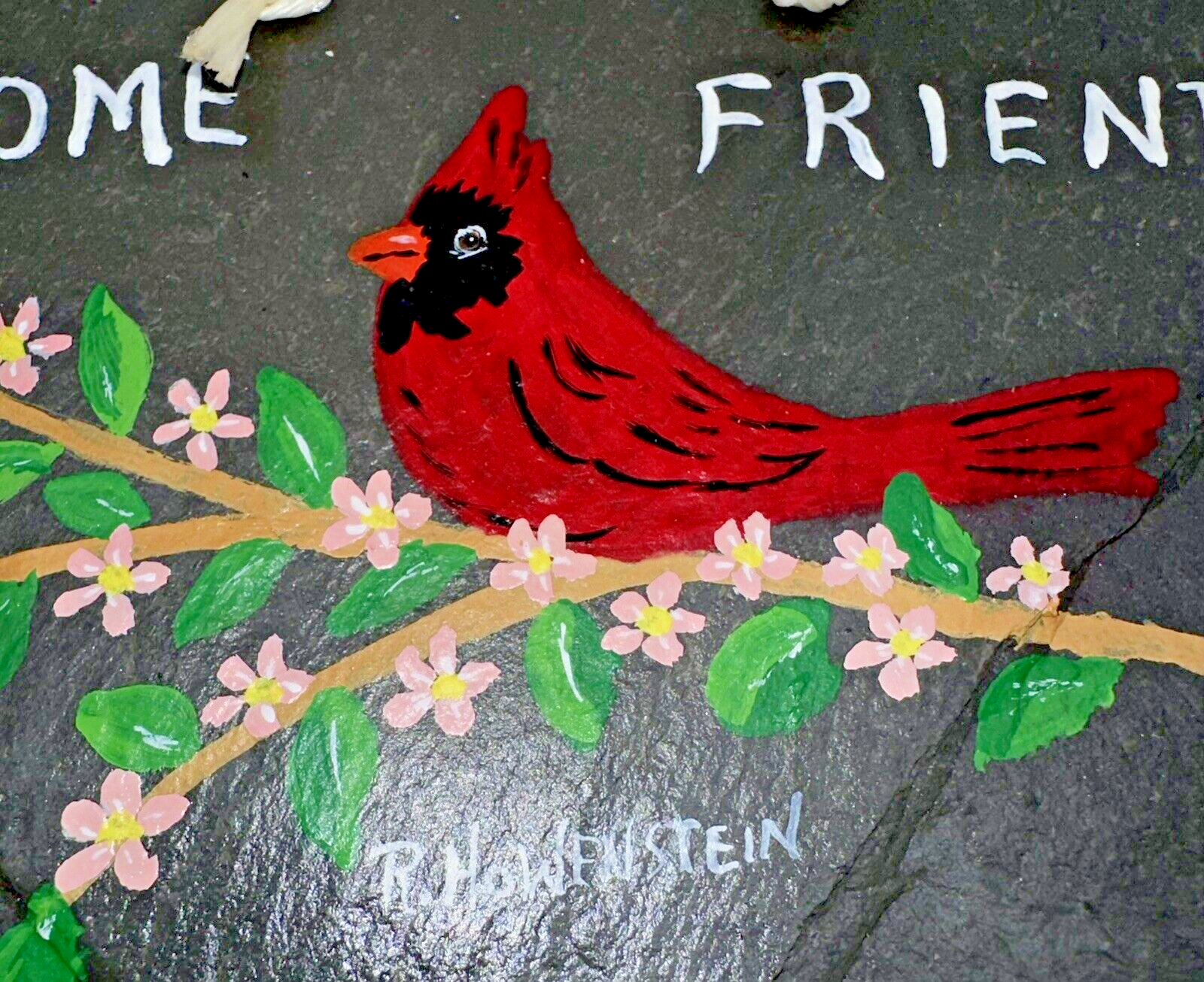 Vintage R. HOWENSTEIN Signed Painting on Slate "Welcome Friends" w/ Cardinal - AntiquesEtceteraVintage R. HOWENSTEIN Signed Painting on Slate "Welcome Friends" w/ CardinalAntiquesEtceteraAntiquesEtcetera