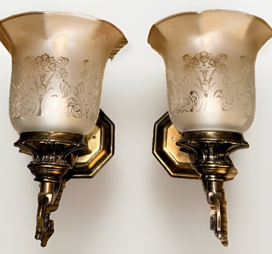 Vintage Wall Sconce Pair by Progress Lighting Victorian Floral Style with Shades - AntiquesEtceteraVintage Wall Sconce Pair by Progress Lighting Victorian Floral Style with ShadesProgress LightingAntiquesEtcetera