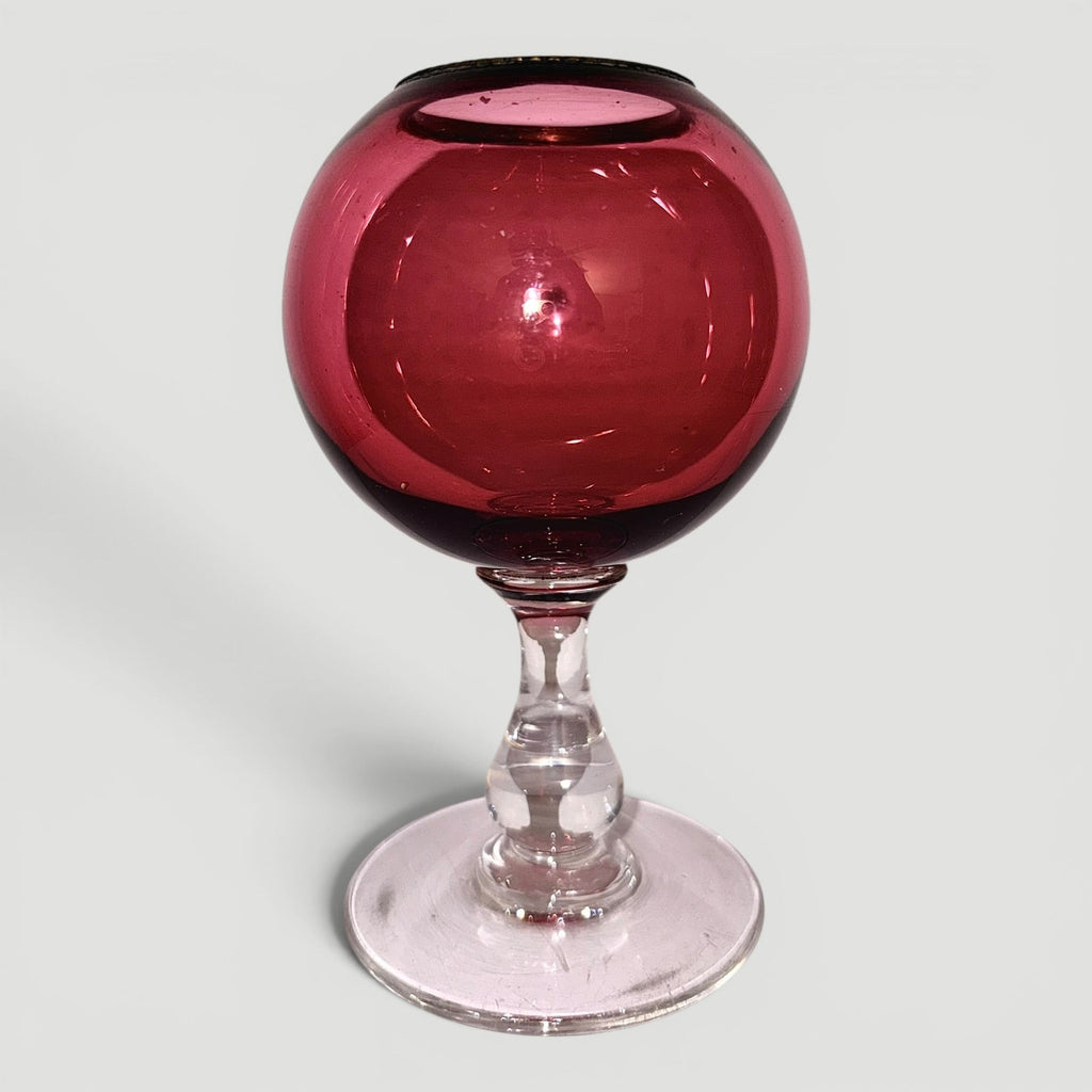 Whale Oil Float Lamp Hand-Blown Cased Ruby Glass Ball Form Font w/ Brass Heat RingAntiquesEtcetera