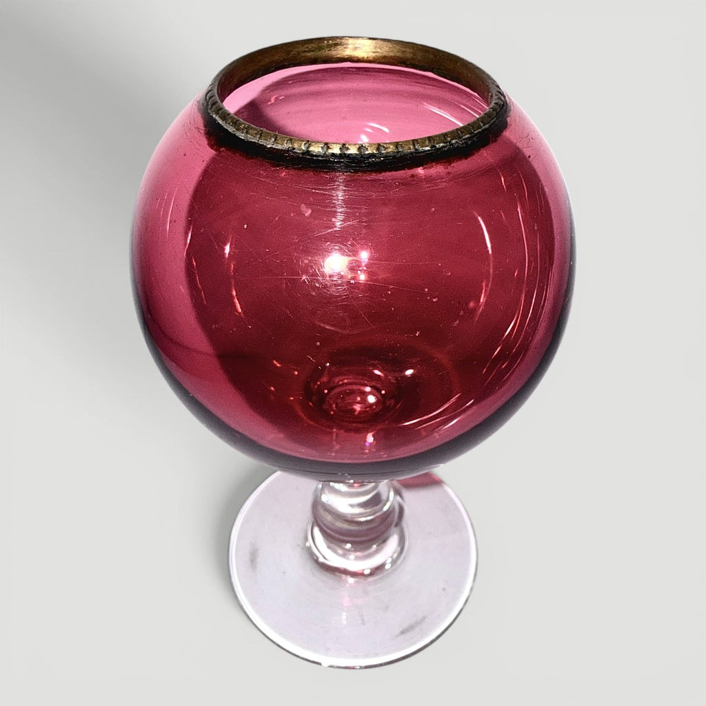 Whale Oil Float Lamp Hand-Blown Cased Ruby Glass Ball Form Font w/ Brass Heat RingAntiquesEtcetera