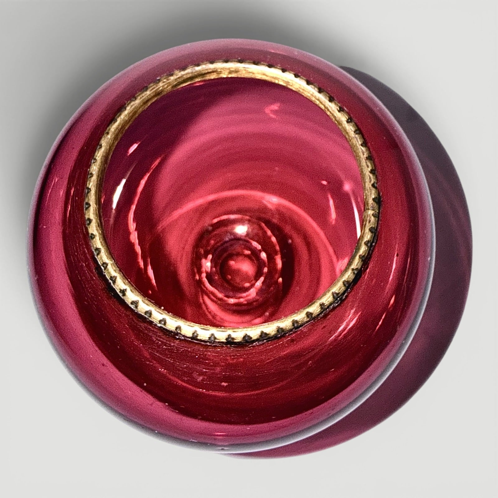 Whale Oil Float Lamp Hand-Blown Cased Ruby Glass Ball Form Font w/ Brass Heat RingAntiquesEtcetera