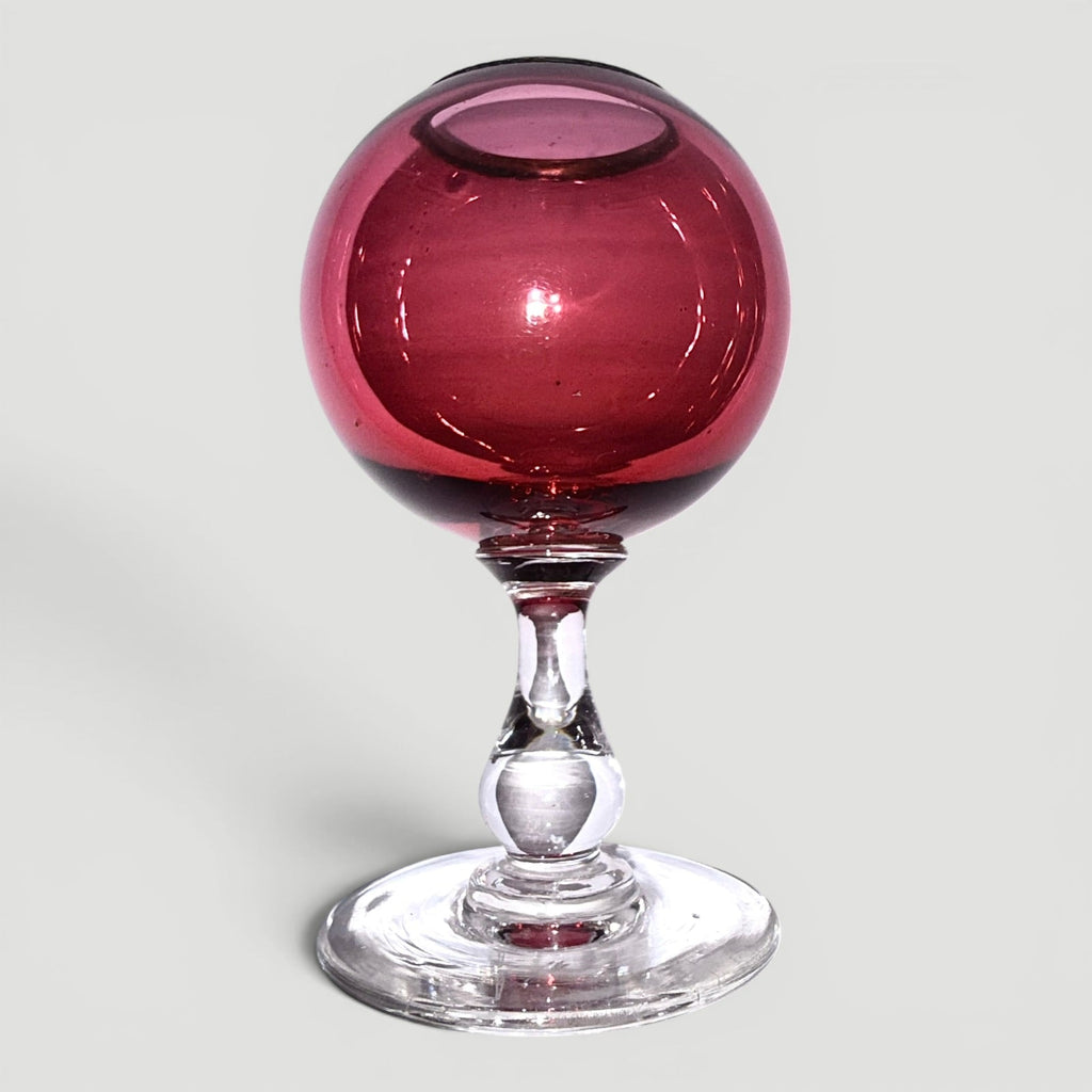 Whale Oil Float Lamp Hand-Blown Cased Ruby Glass Ball Form Font w/ Brass Heat RingAntiquesEtcetera