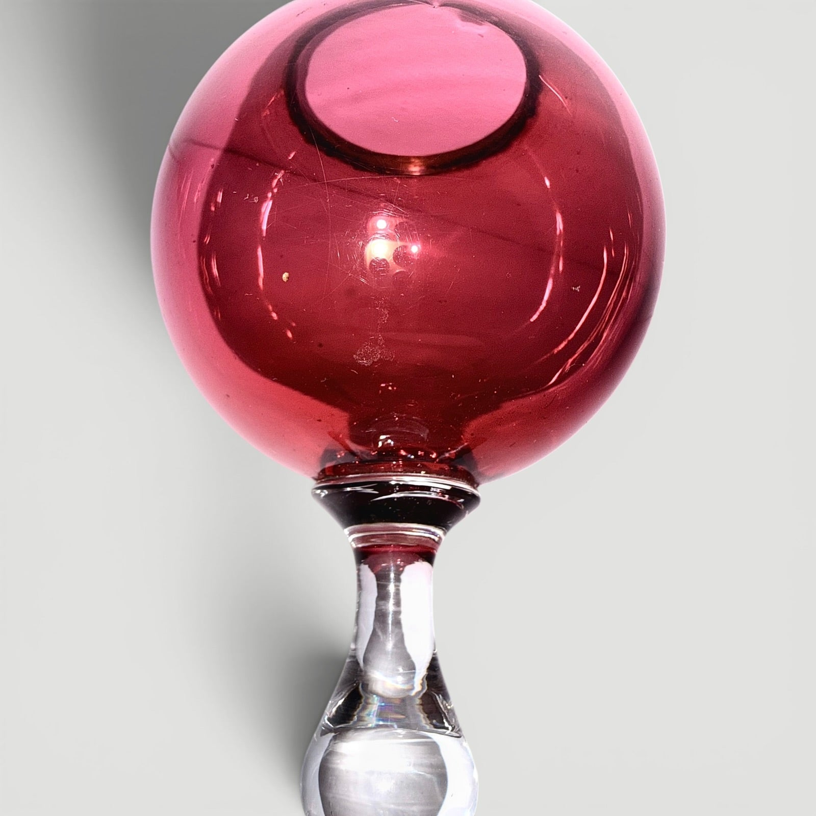 Whale Oil Float Lamp Hand-Blown Cased Ruby Glass Ball Form Font w/ Brass Heat RingAntiquesEtcetera