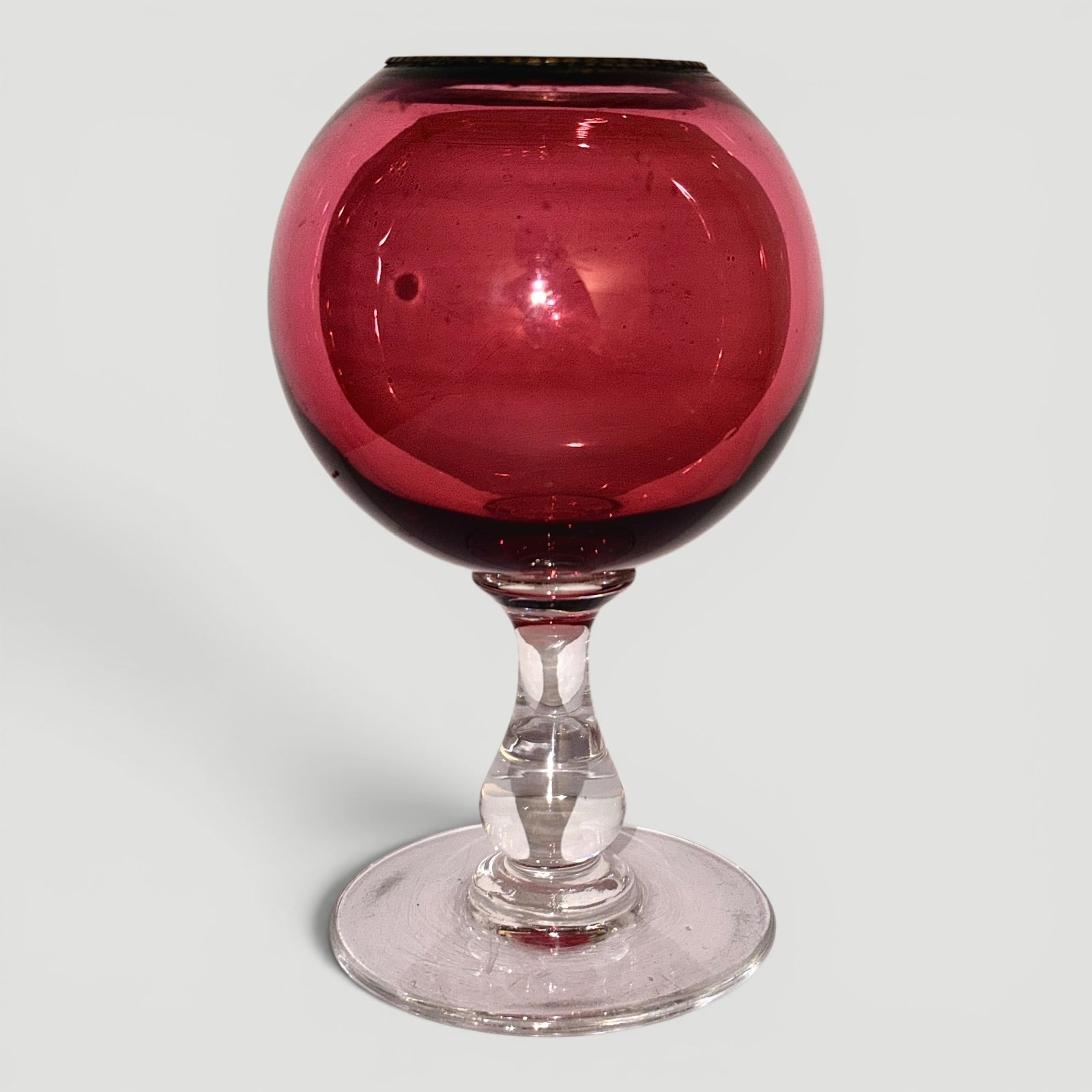 Whale Oil Float Lamp Hand-Blown Cased Ruby Glass Ball Form Font w/ Brass Heat RingAntiquesEtcetera