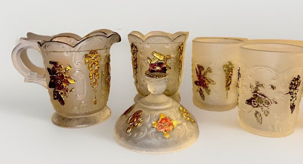 Wild Rose & Bowknot Sultan OMN Creamer Sugar Tumblers Minnesota Glass Museum - AntiquesEtceteraWild Rose & Bowknot Sultan OMN Creamer Sugar Tumblers Minnesota Glass MuseumAntiquesEtceteraAntiquesEtcetera