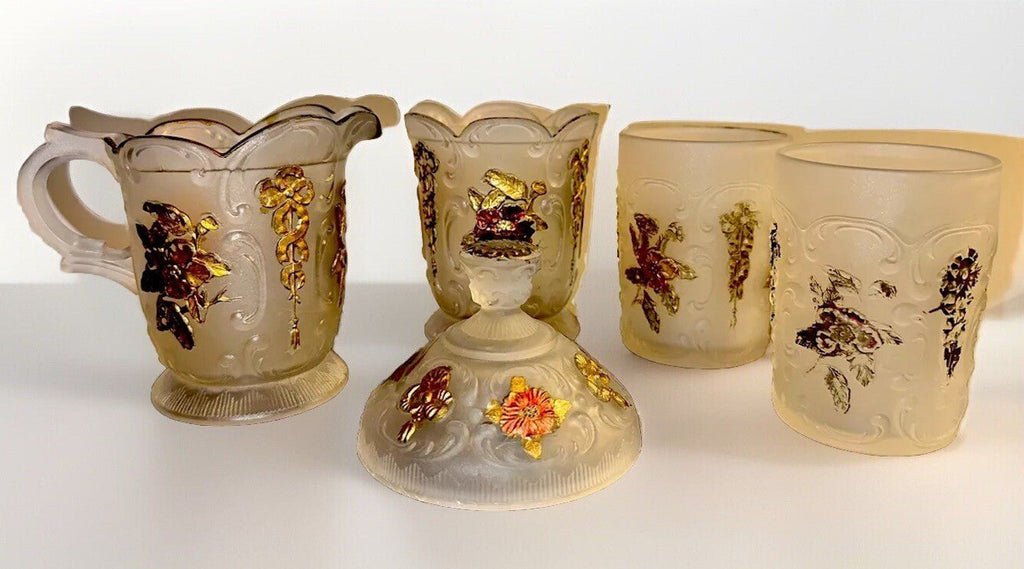 Wild Rose & Bowknot Sultan OMN Creamer Sugar Tumblers Minnesota Glass Museum - AntiquesEtceteraWild Rose & Bowknot Sultan OMN Creamer Sugar Tumblers Minnesota Glass MuseumAntiquesEtceteraAntiquesEtcetera