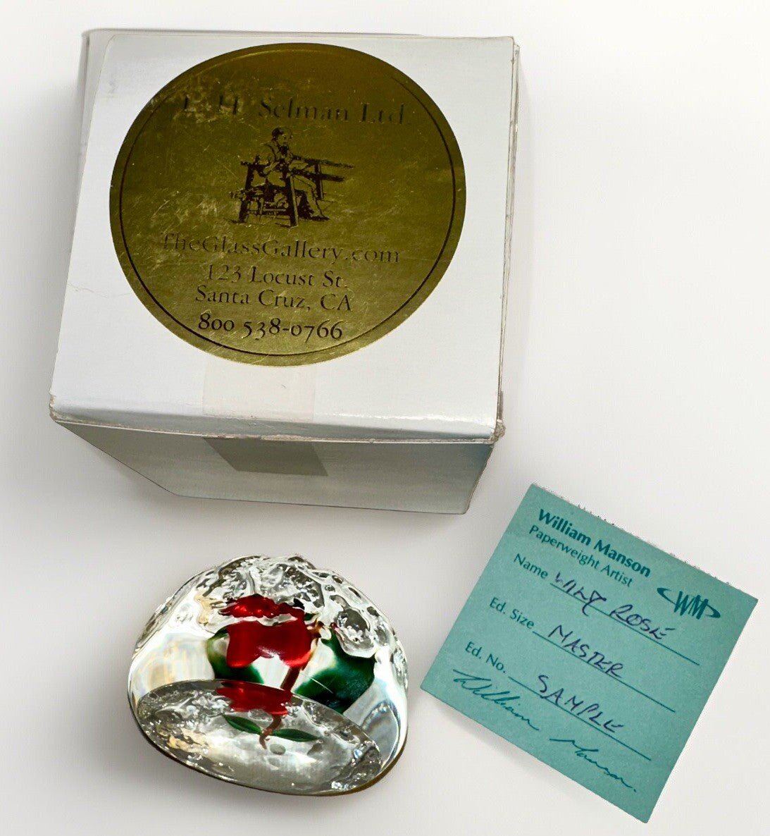 William Manson Paperweight Upright with Lovely Lampwork Wild Rose Signed, Dated - AntiquesEtceteraWilliam Manson Paperweight Upright with Lovely Lampwork Wild Rose Signed, DatedWilliam MansonAntiquesEtcetera
