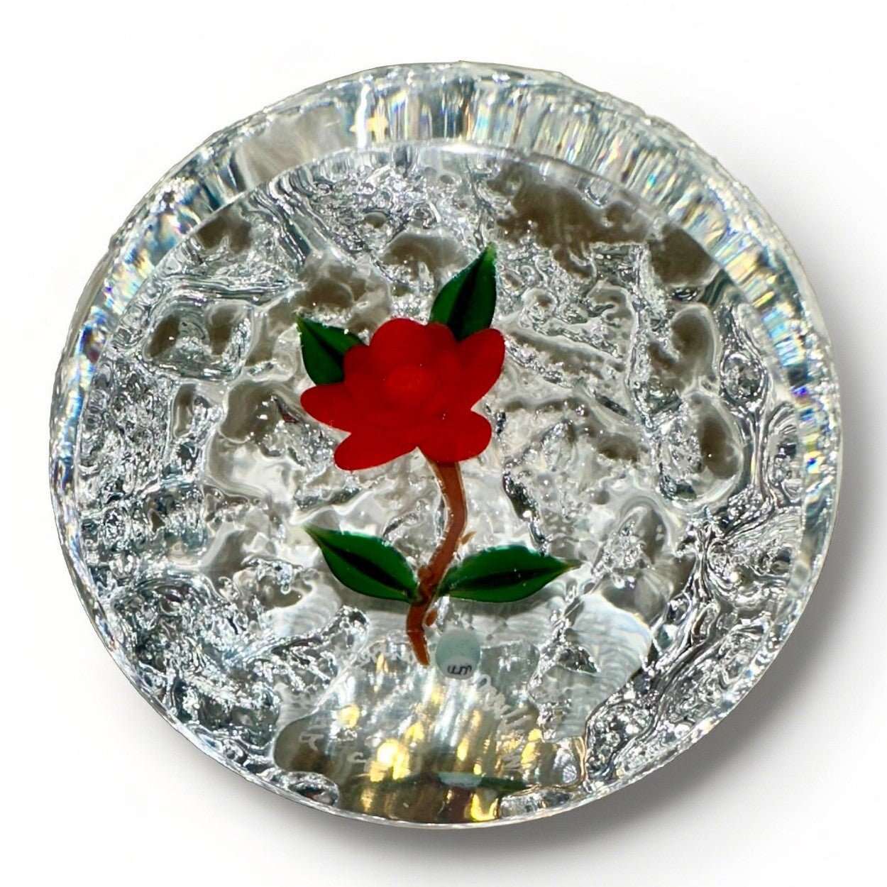 William Manson Paperweight Upright with Lovely Lampwork Wild Rose Signed, Dated - AntiquesEtceteraWilliam Manson Paperweight Upright with Lovely Lampwork Wild Rose Signed, DatedWilliam MansonAntiquesEtcetera