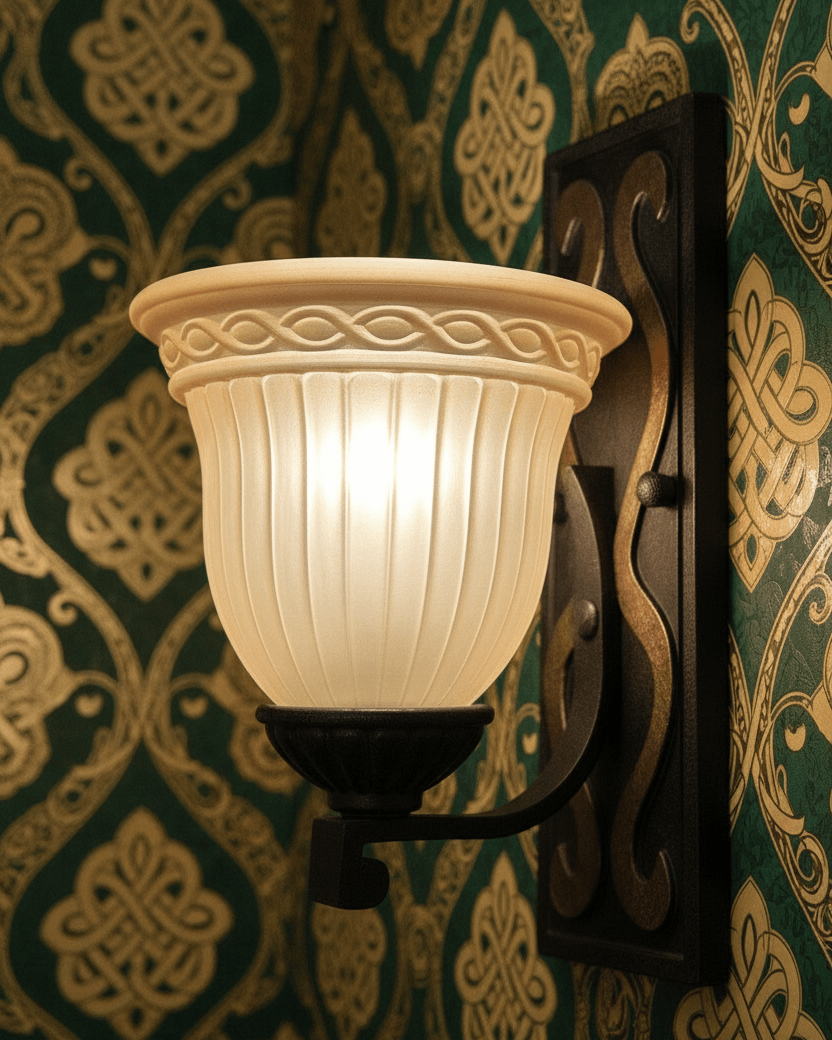 Wonderful Celtic Style Wall Sconce Earthen Colors Glass ShadeAntiquesEtcetera