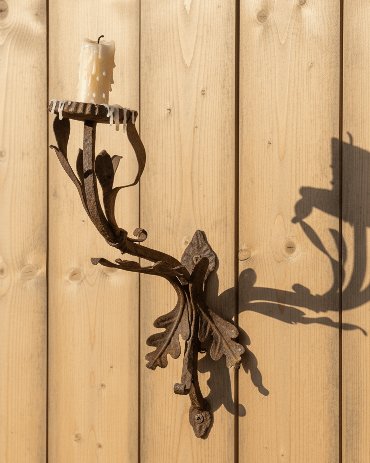 Wrought Iron Pricket Candle Holder Spike Ornamental Wall Mount Antique Oak LeafAntiquesEtcetera